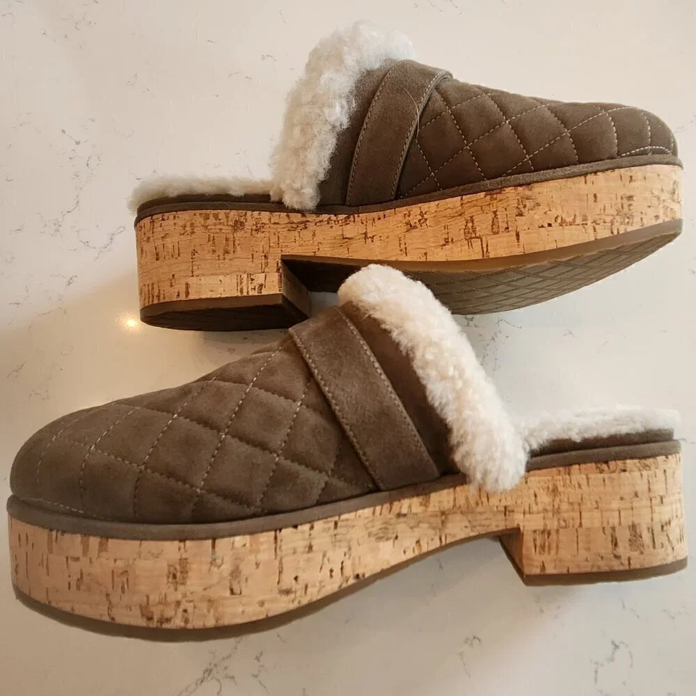 Chanel Suede Calfskin Shearling Turn Lock Clogs, Authentic